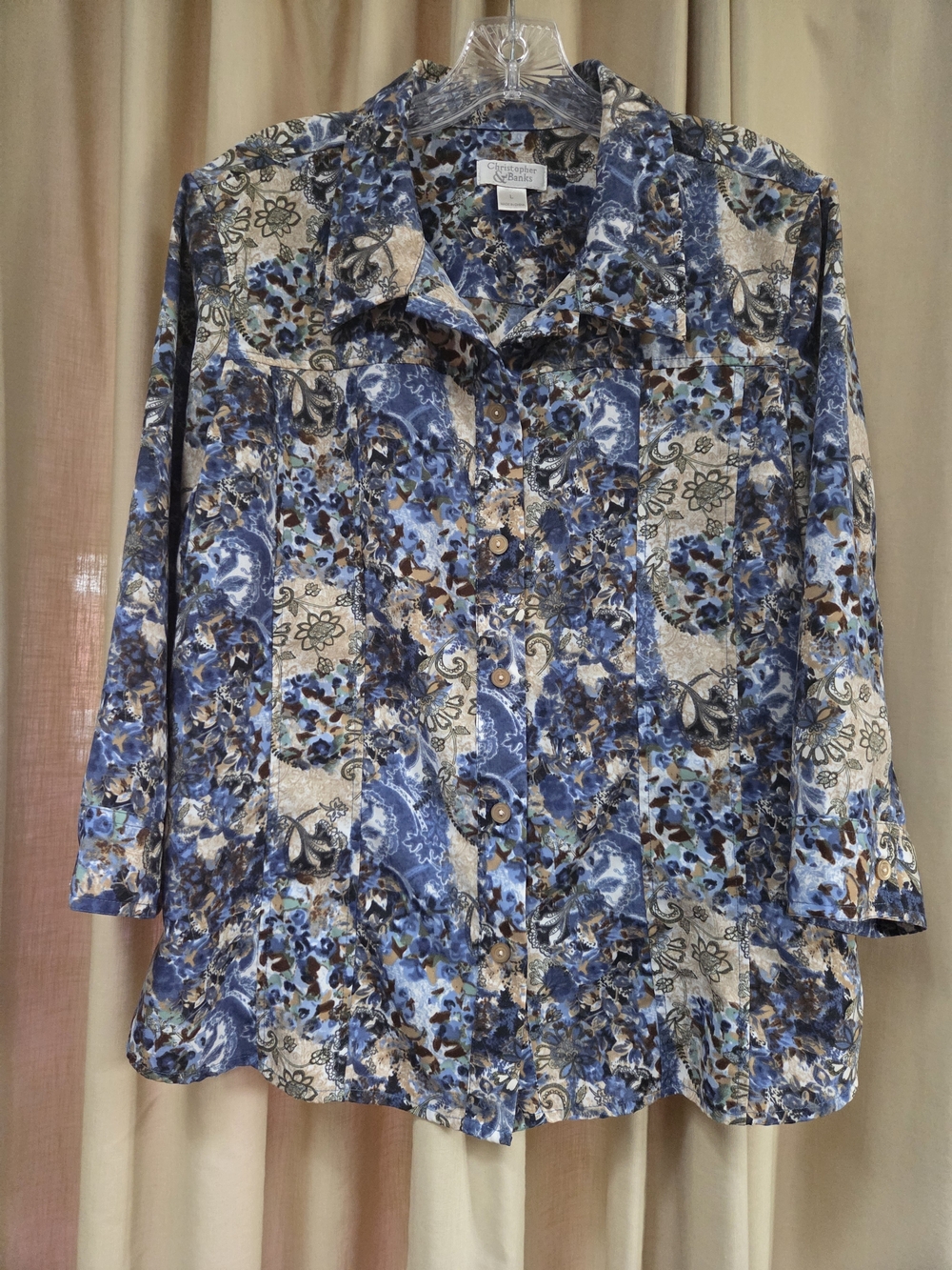 Christopher & Banks Open Collar Button Front 3/4 Length Sleeved Blue Printed Top